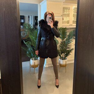 Black Down Parka with Leather Details and Removable Fur, Rudsak, US M
